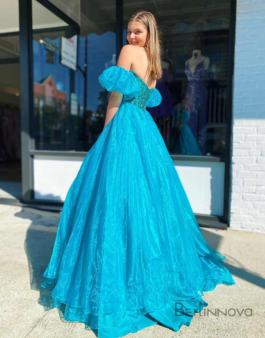A-Line Blue Off-the-Shoulder Prom Dress