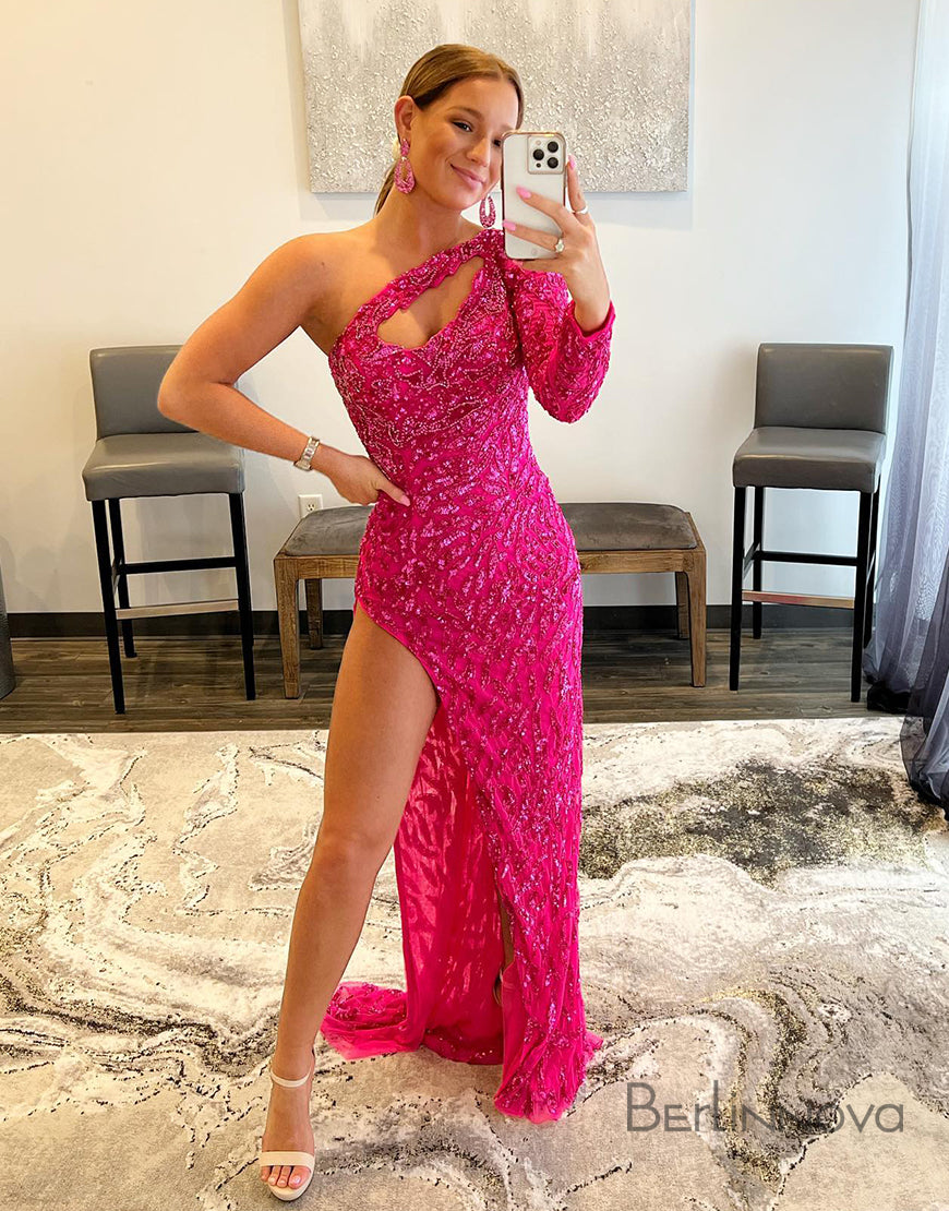 Sexy One-Shoulder Hot Pink Embroidered Lace Prom Dress