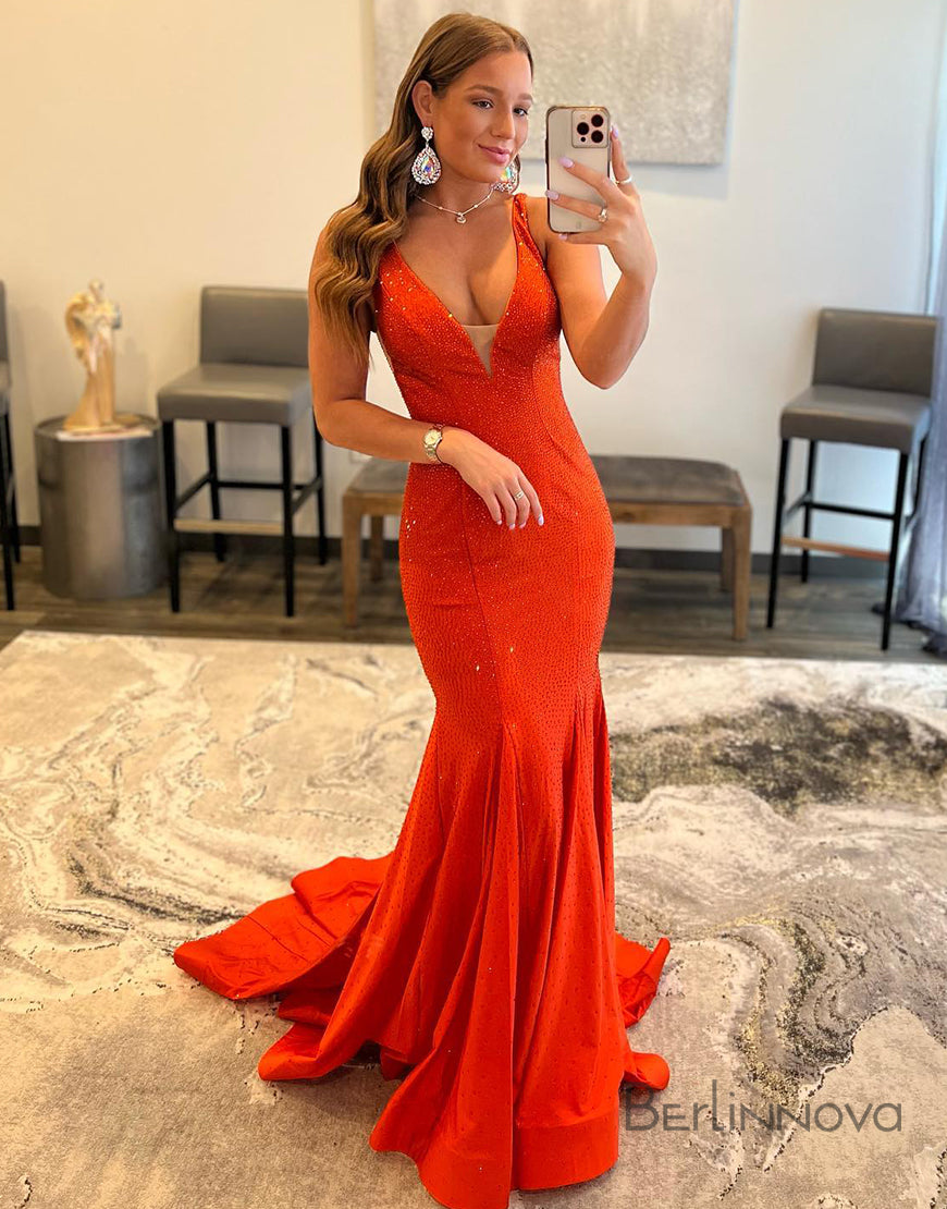 Sexy Mermaid V Neck Backless Long Prom Dress