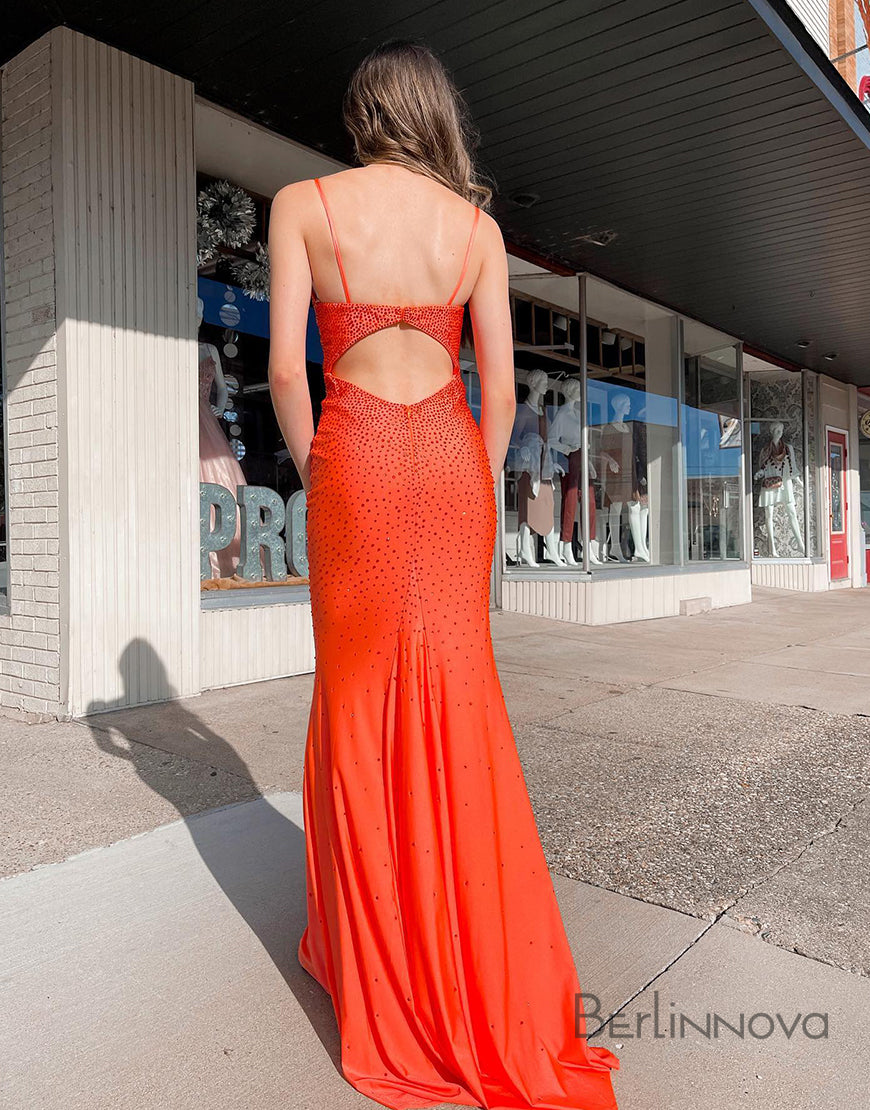 Orange V-neck Spaghetti Straps Bodycon Long Prom Dress With Beading