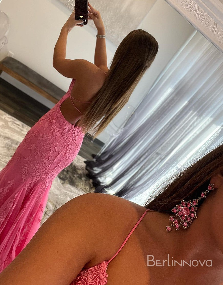 Mermaid Pink Long Prom Dress Backless Evening Dress
