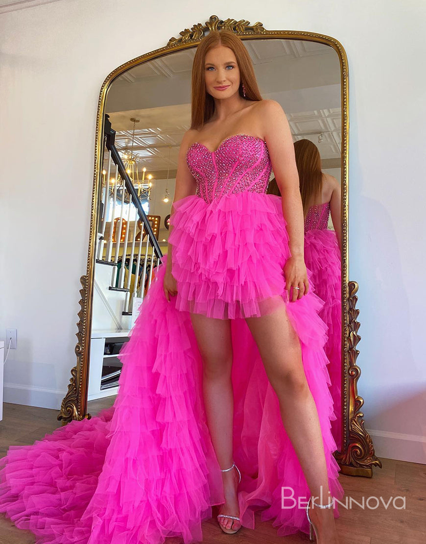 Sweetheart High-Low Beaded Long Prom Dress