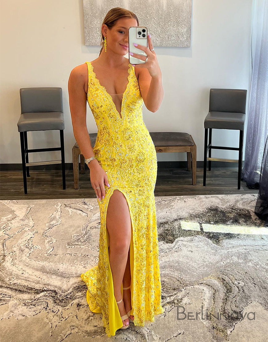 Mermaid Bodycon Beaded Applique-Pattern Prom Dress With Slit