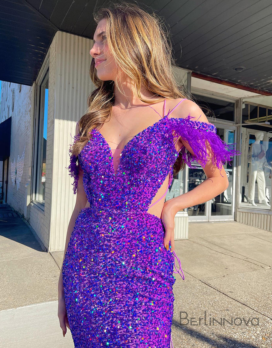 Sexy Glitter V Neck Mermaid Purple Long Prom Dress