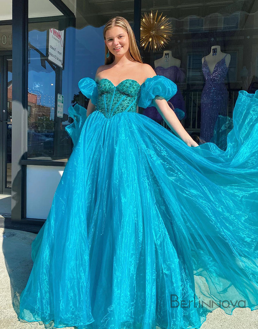 A-Line Blue Off-the-Shoulder Prom Dress