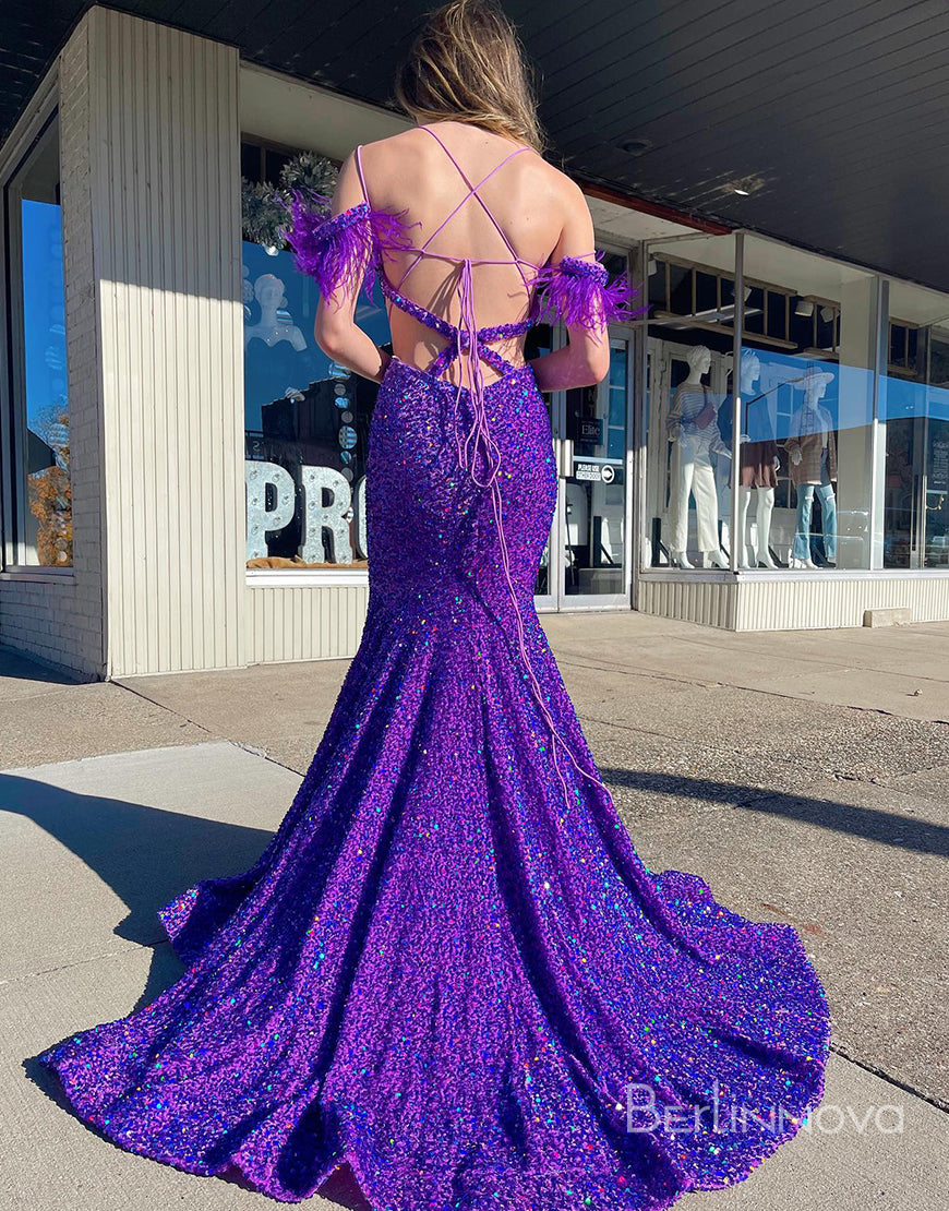 Sexy Glitter V Neck Mermaid Purple Long Prom Dress