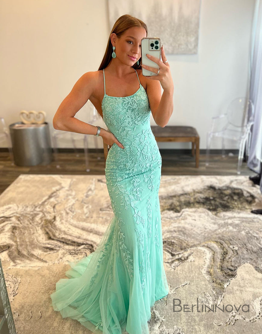 Mermaid Applique Long Prom Dress Backless Evening Dress