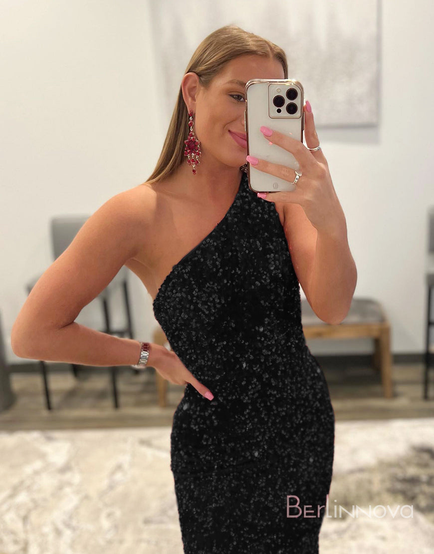 Mermaid Glitter Sexy One-Shoulder Long Prom Dress With Sequins