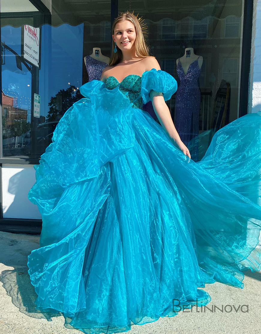 A-Line Blue Off-the-Shoulder Prom Dress