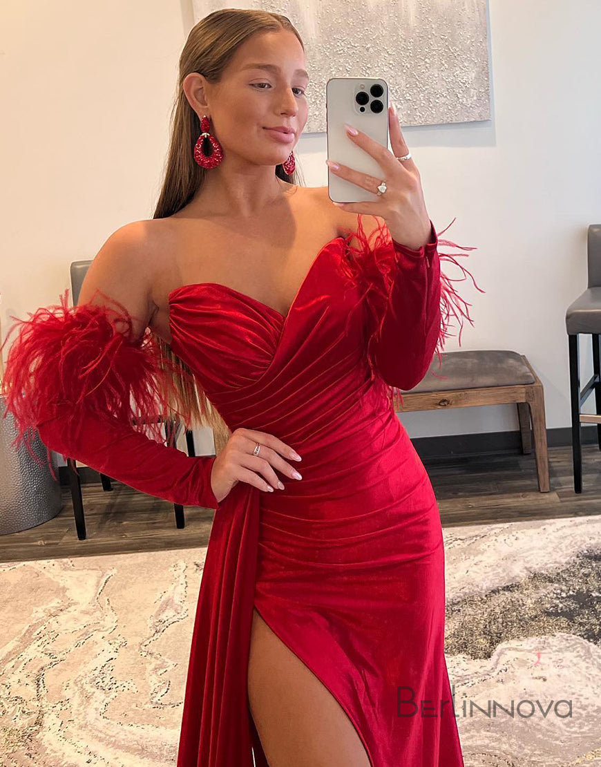 Sexy V Neck Red Satin Long Sleeve Prom Dress