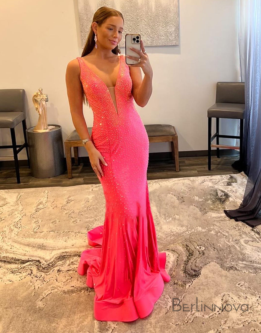 Mermaid Sexy V Neck Backless Long Prom Dress