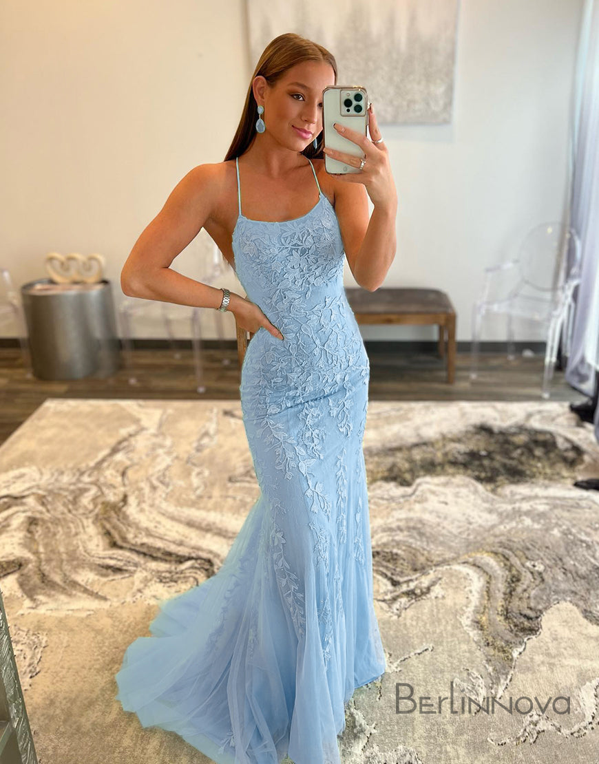 Mermaid Applique Long Prom Dress Backless Evening Dress