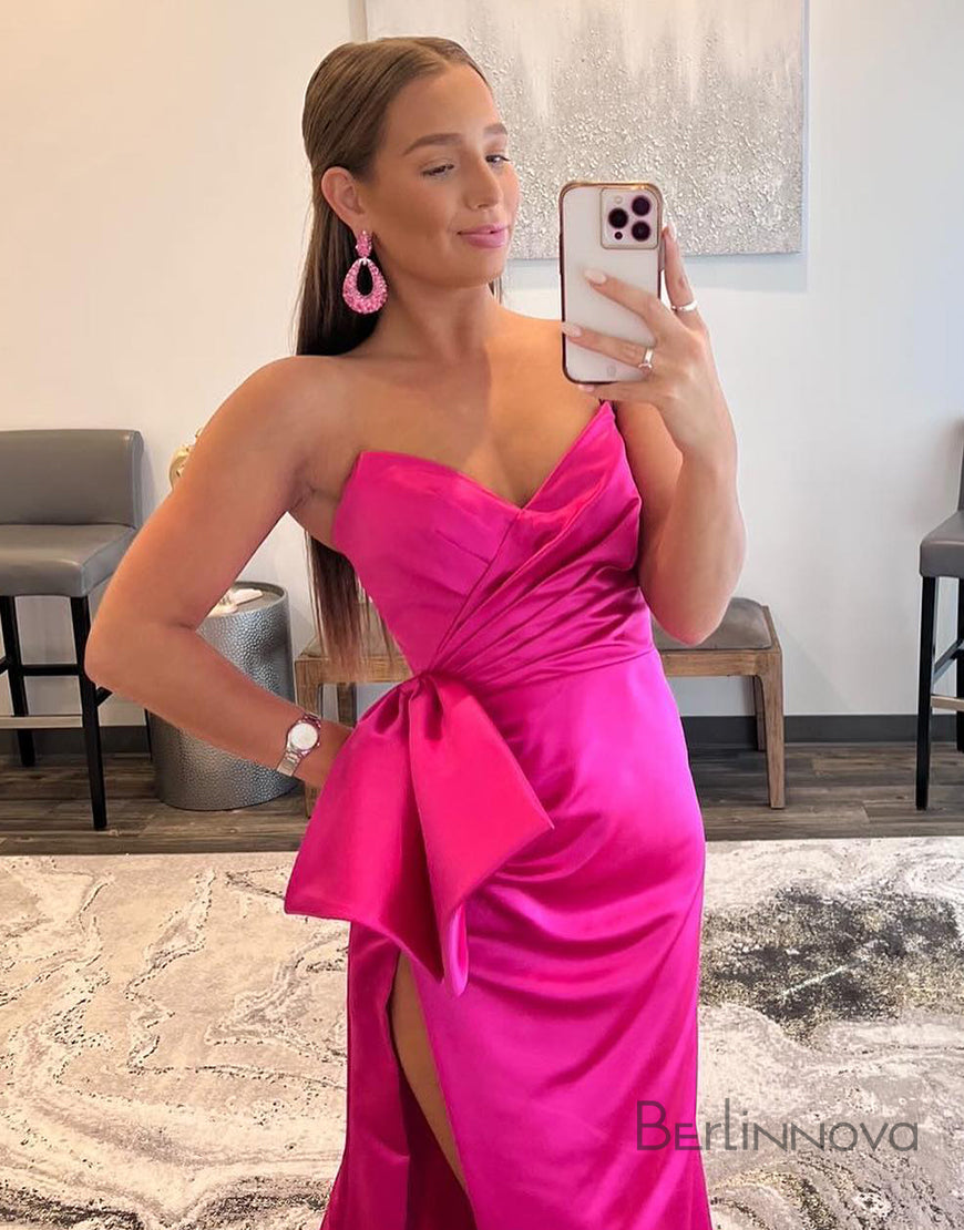 Sexy V Neck Pink Satin Long Sleeve Prom Dress