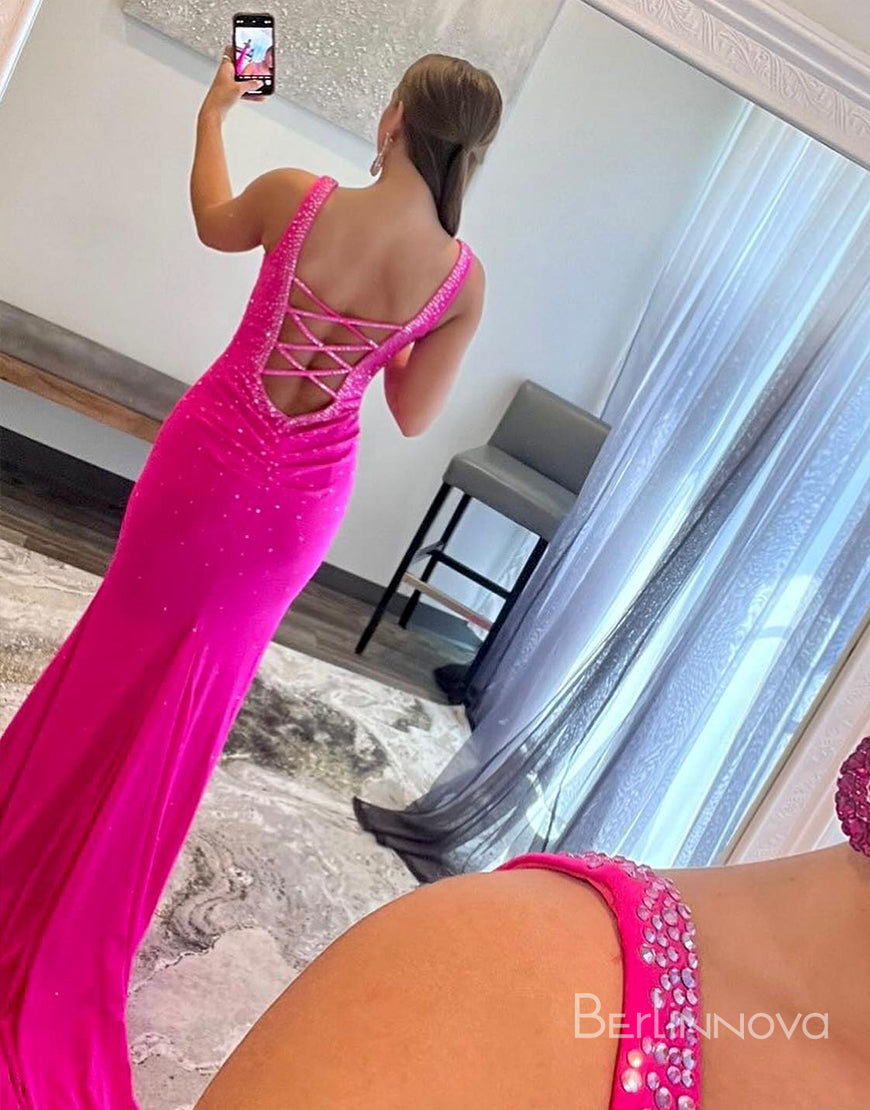 Mermaid Hot Pink Beaded V Neck Long Prom Dress