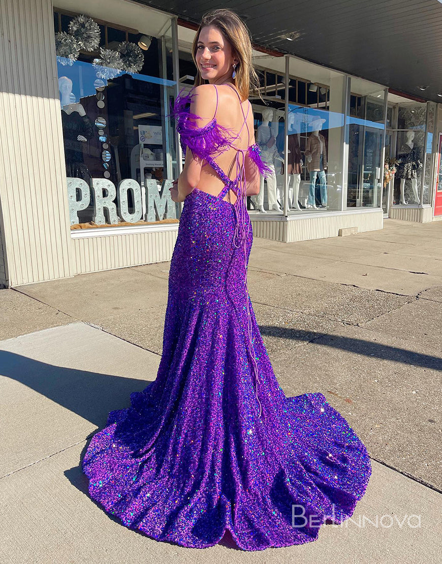 Sexy Glitter V Neck Mermaid Purple Long Prom Dress