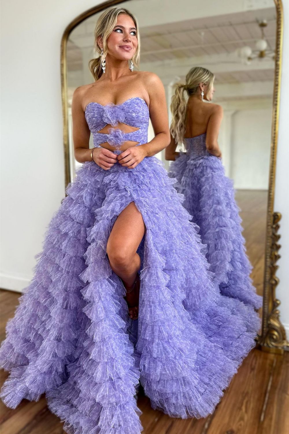 Blue Cute A-Line Sweetheart Long Tiered Tulle Prom Dress With Split