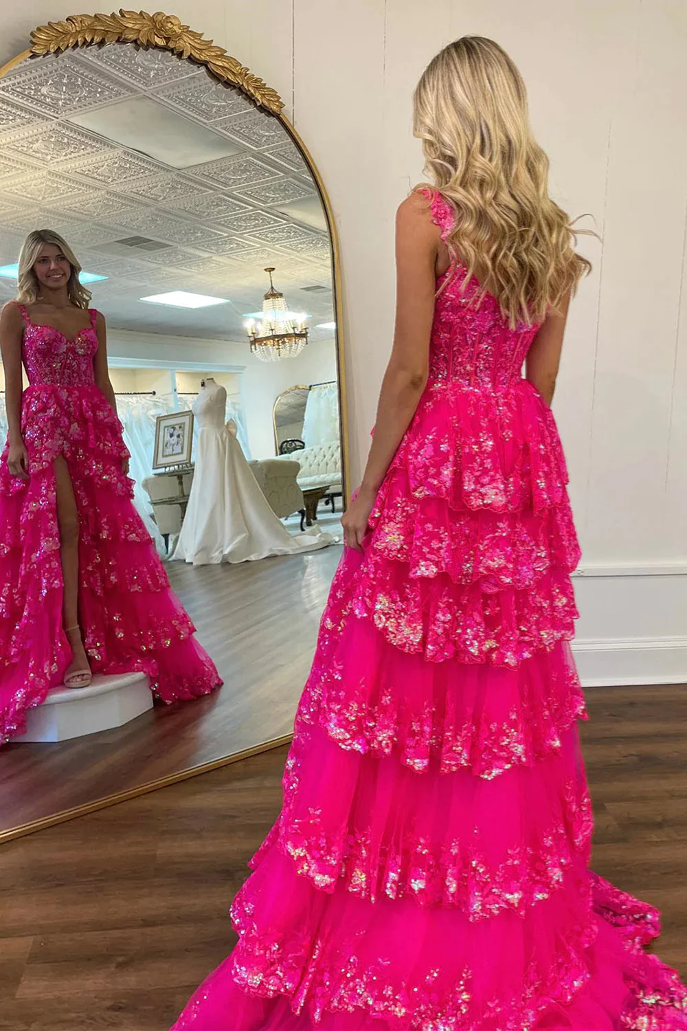 Gorgeous A-Line Off The Shoulder Tiered Prom Dress With Split