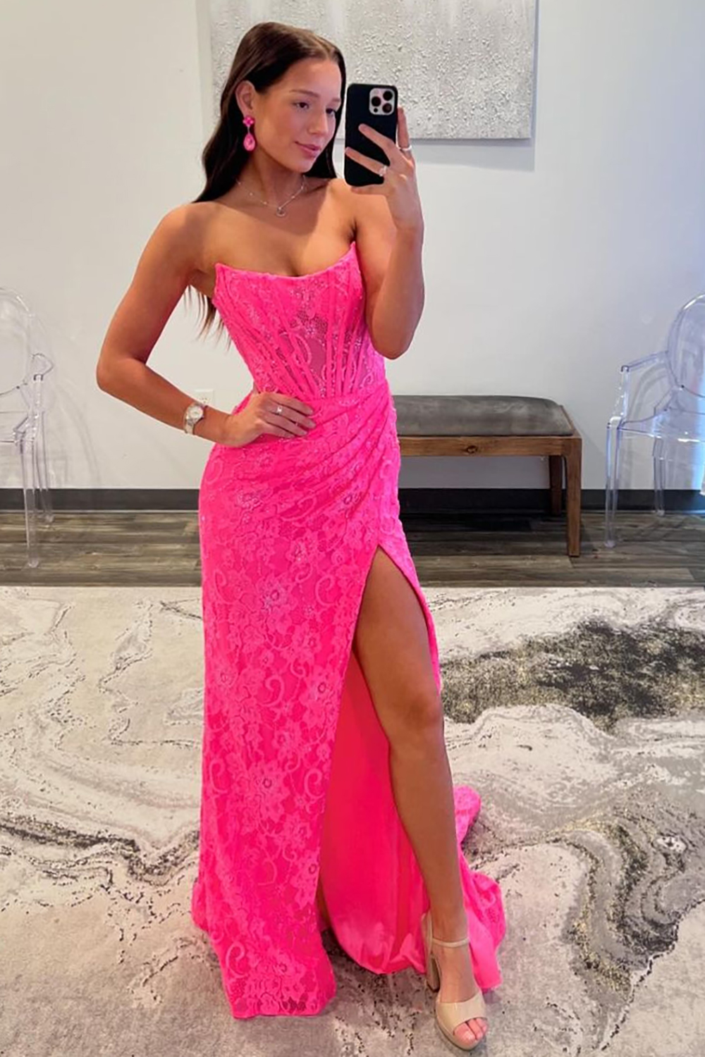 Glitter Mermaid Strapless Sweep Train Lace Prom Dress With Slit