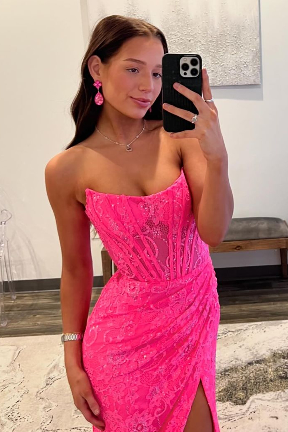 Glitter Mermaid Strapless Sweep Train Lace Prom Dress With Slit