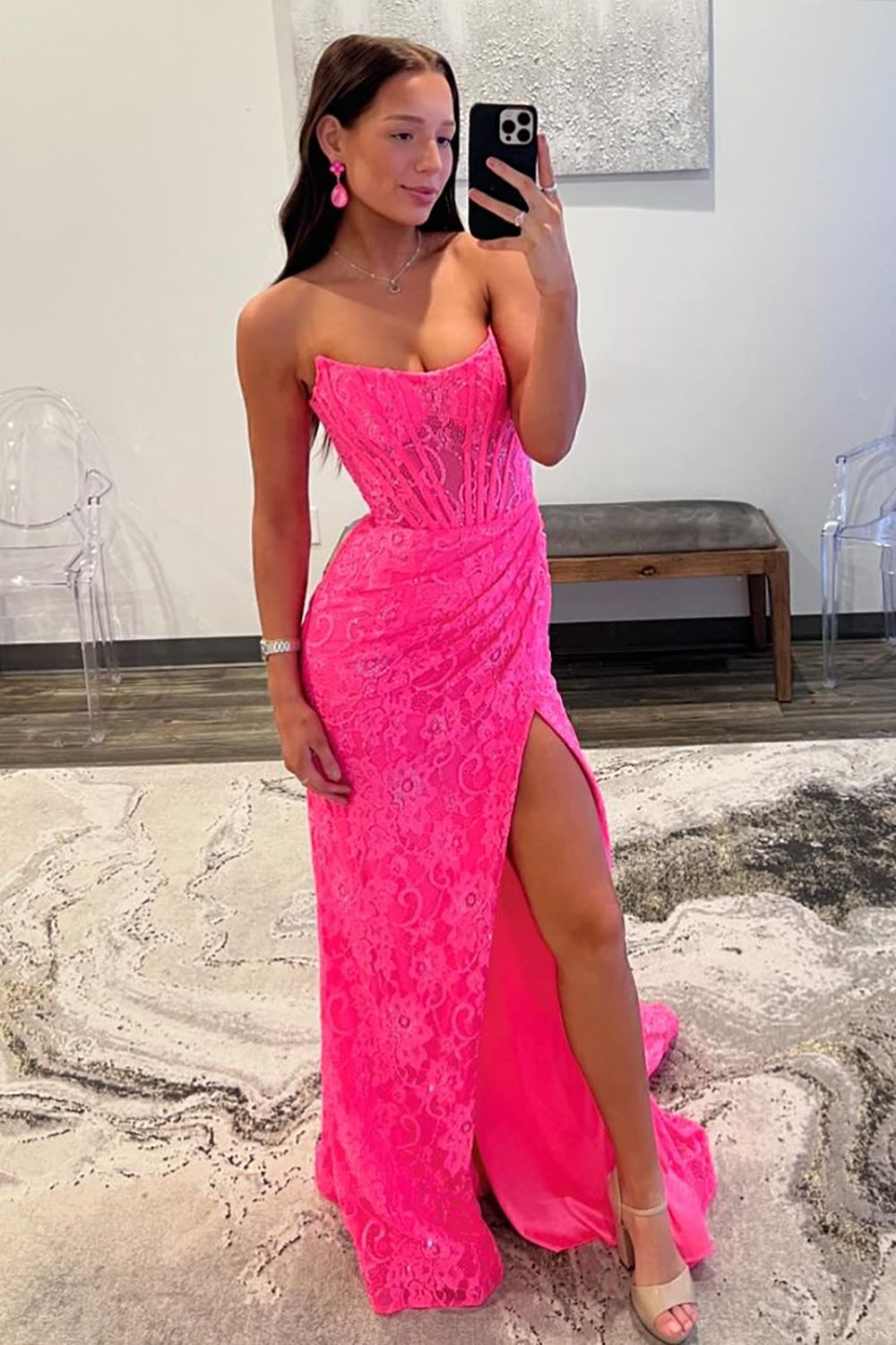 Glitter Mermaid Strapless Sweep Train Lace Prom Dress With Slit