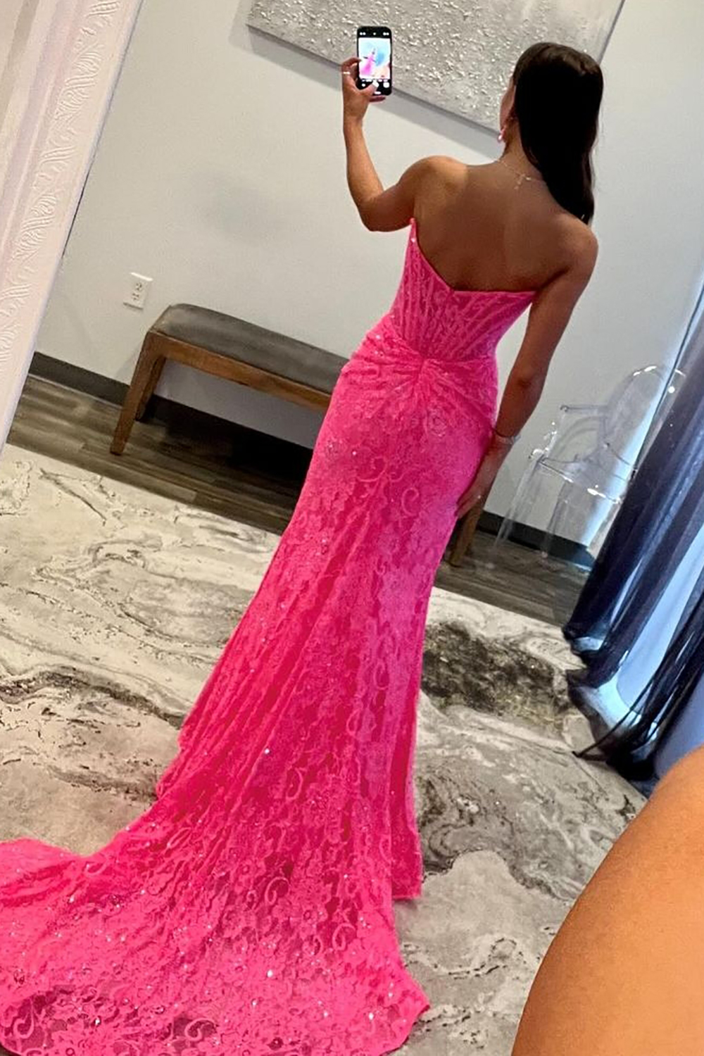 Glitter Mermaid Strapless Sweep Train Lace Prom Dress With Slit