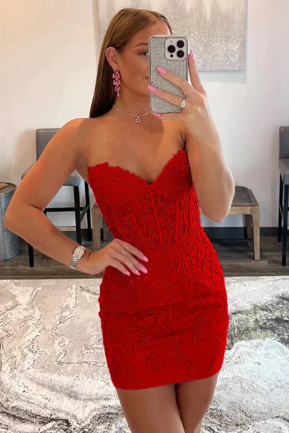 Black Bodycon Sweetheart Lace Up Short Homecoming Dress with Appliques