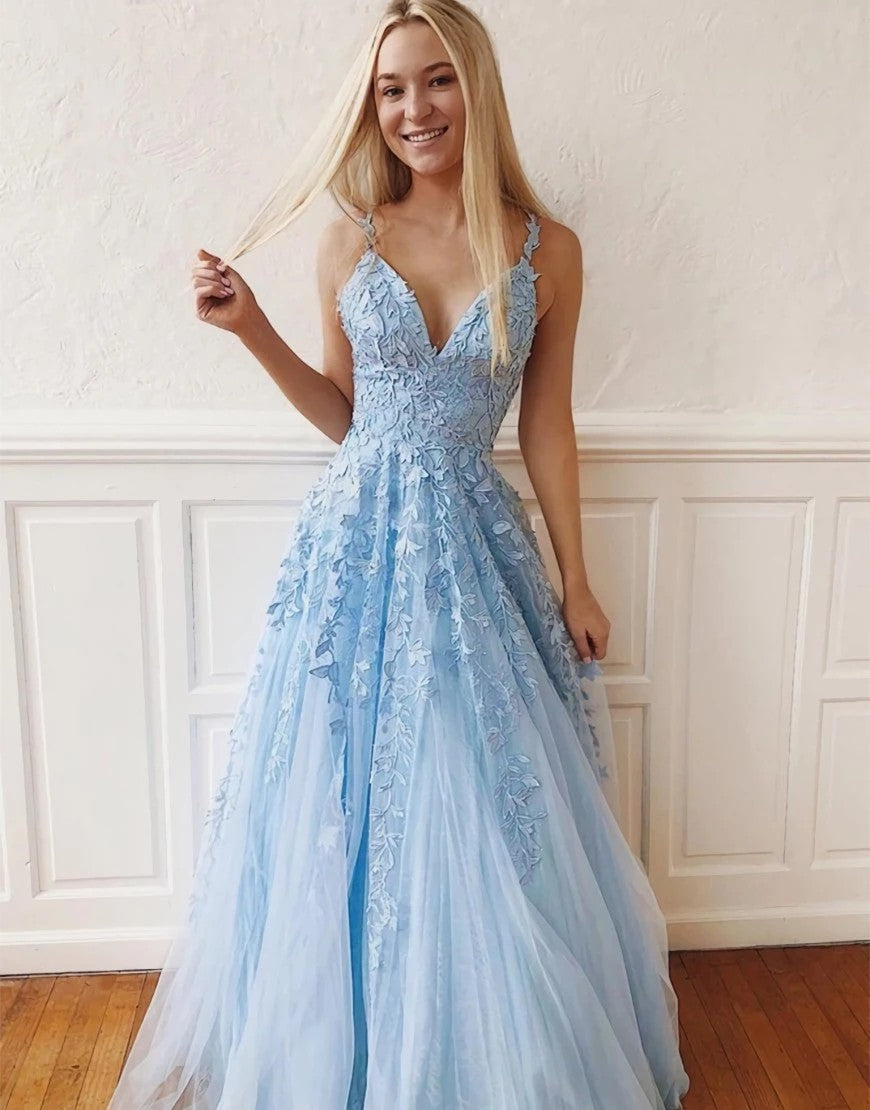 Light Blue Prom Dress Spaghetti Straps Long Evening Dress