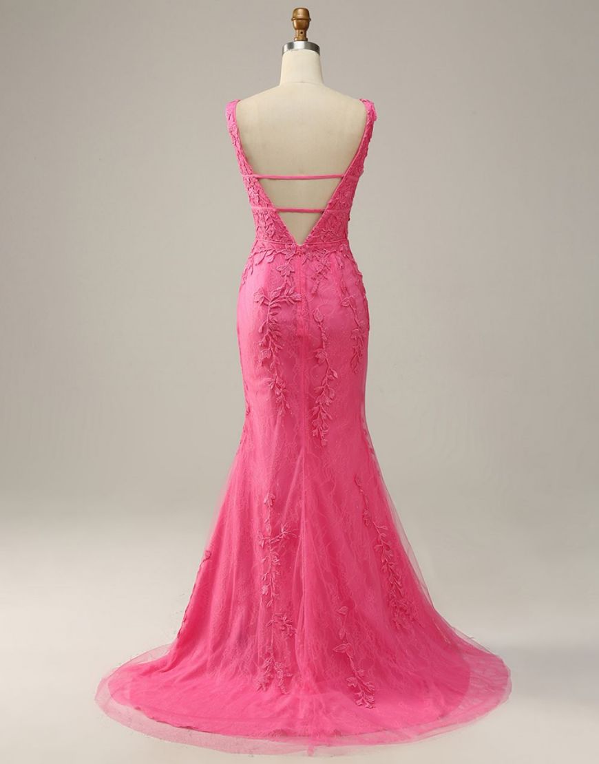 Sexy Mermaid V Neck Pink Prom Dress With Appliques