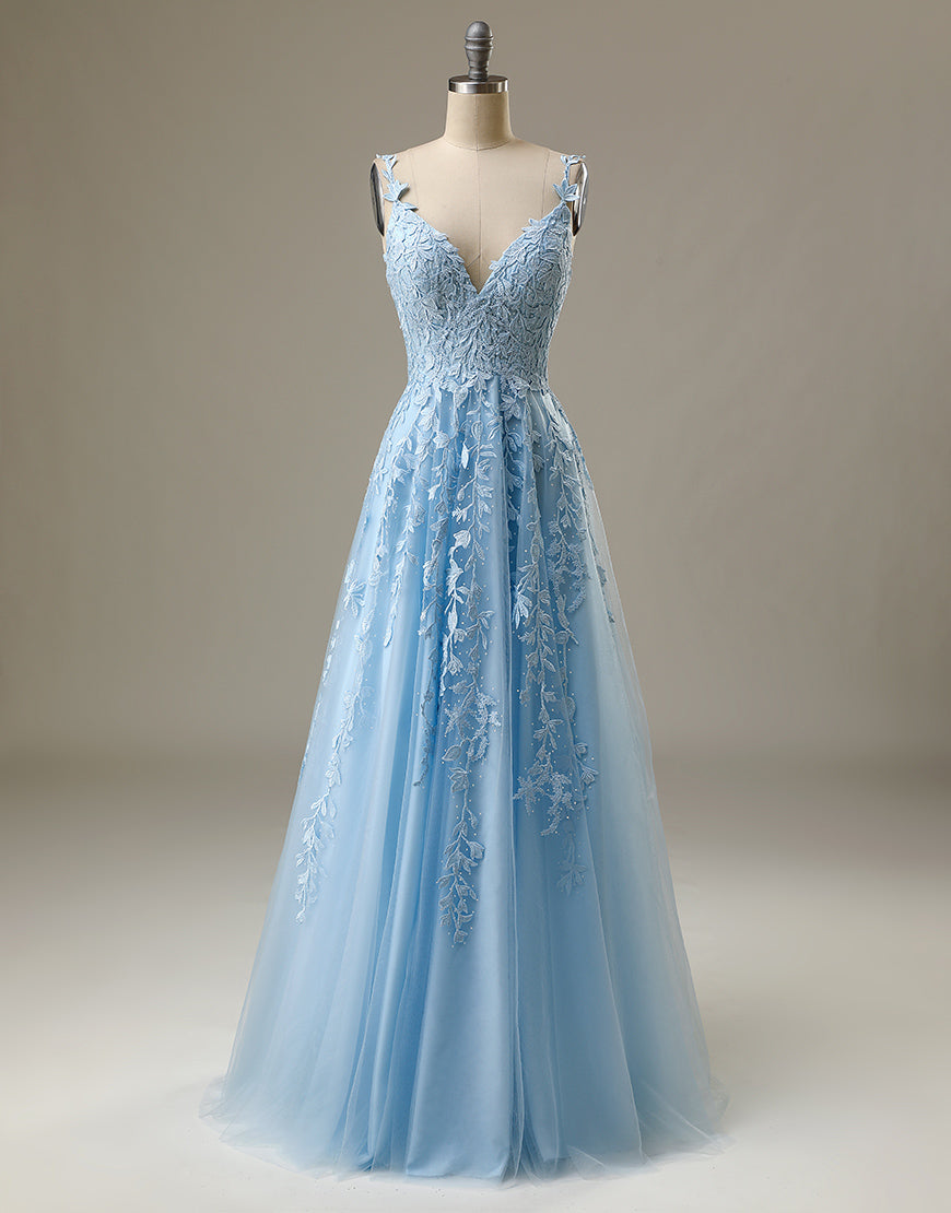 Light Blue Prom Dress Spaghetti Straps Long Evening Dress