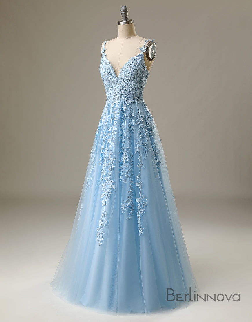 Light Blue Prom Dress Spaghetti Straps Long Evening Dress