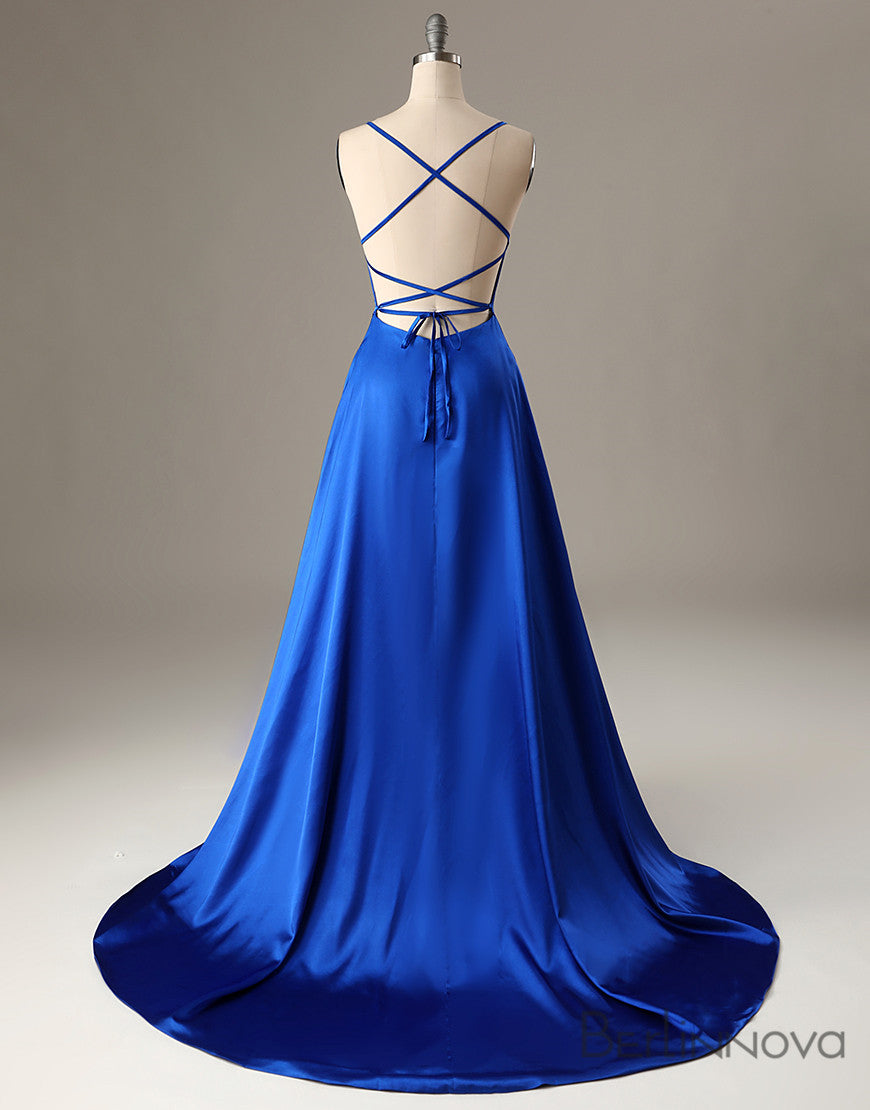 A-Line Royal Blue Prom Dress Side Split Evening Dress