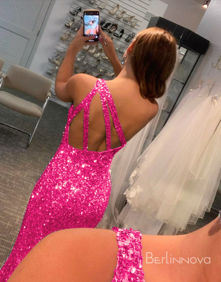 Hot Pink Mermaid Glitter One-Shoulder Backless Prom Dress With Sequins