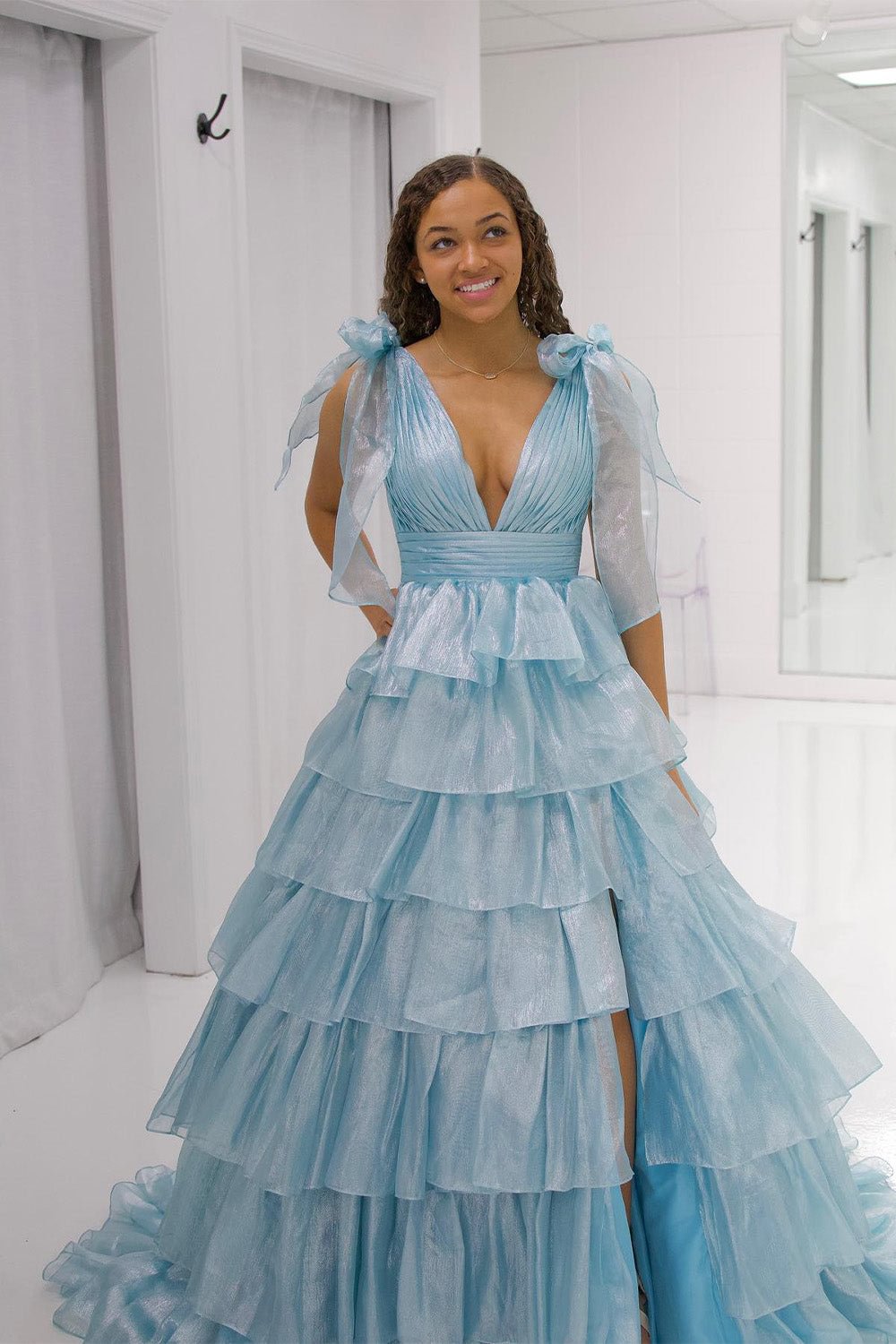 Trendy Pink A-Line Deep V-Neck Long Tiered Prom Dress With Split