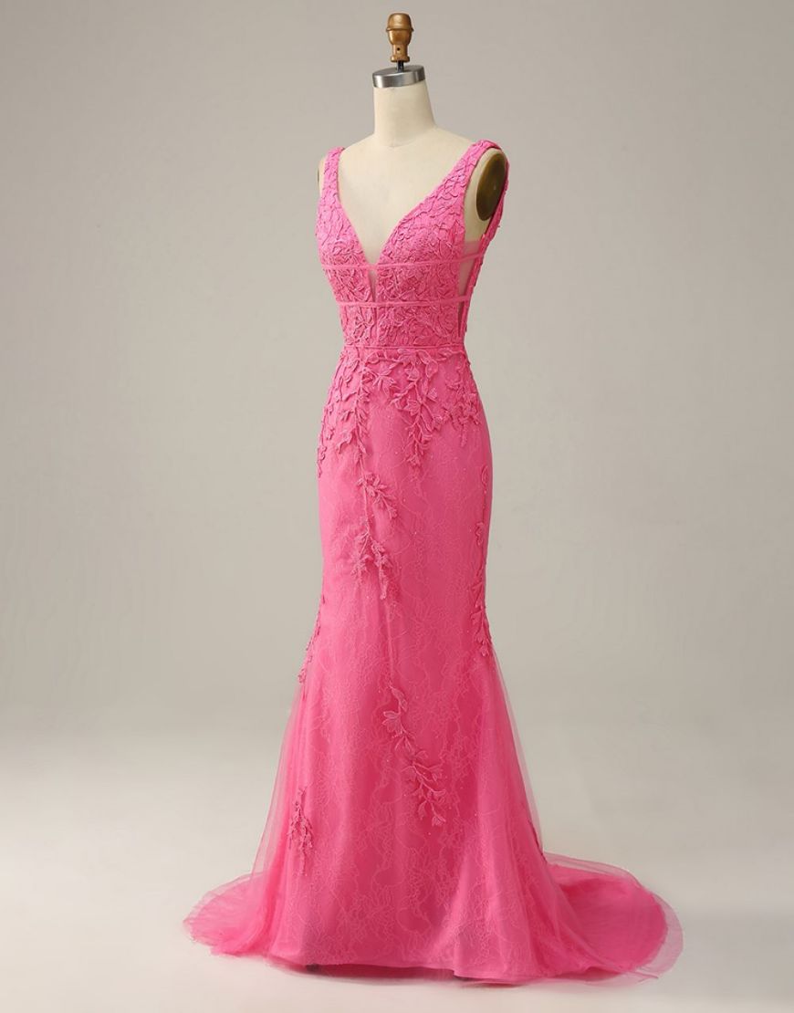 Sexy Mermaid V Neck Pink Prom Dress With Appliques