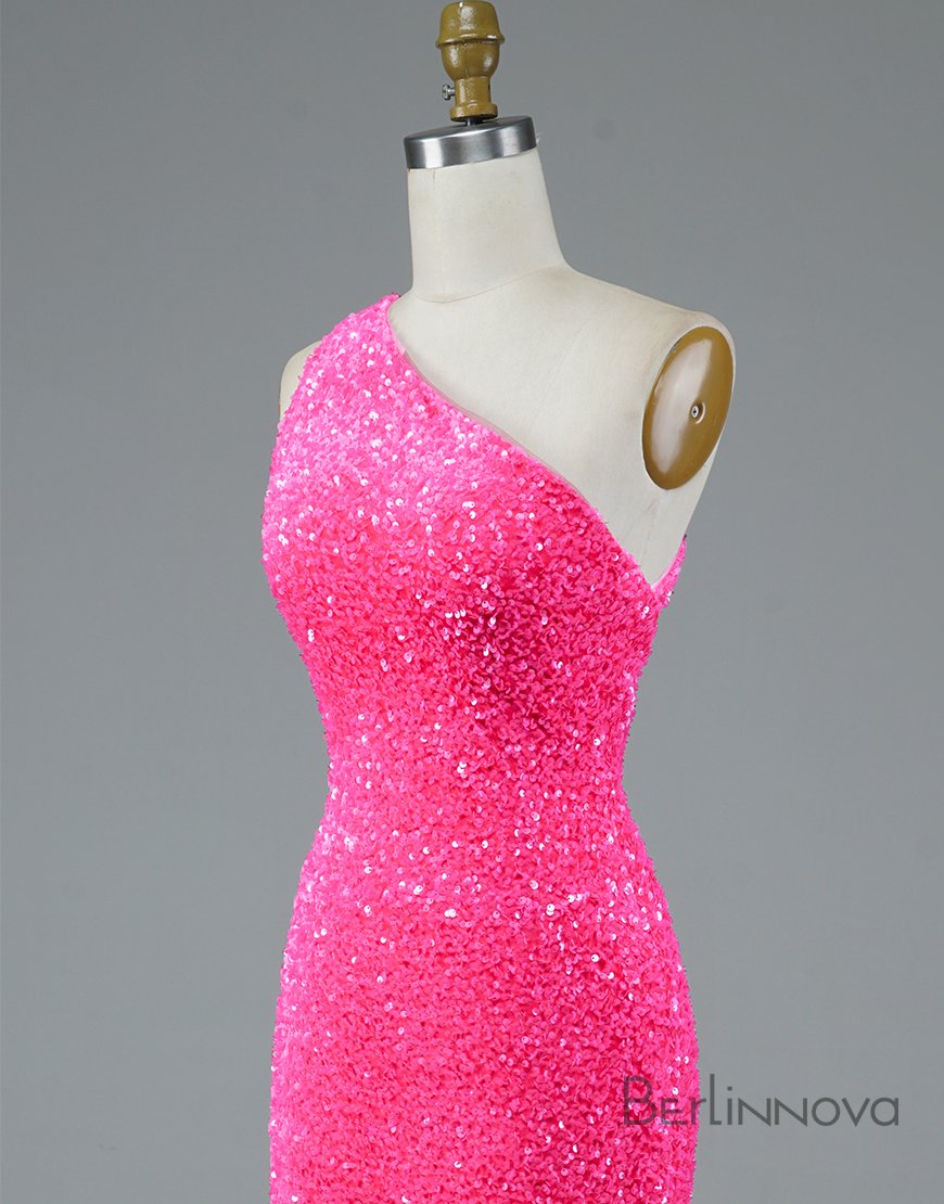 Hot Pink Mermaid Glitter One-Shoulder Backless Prom Dress With Sequins