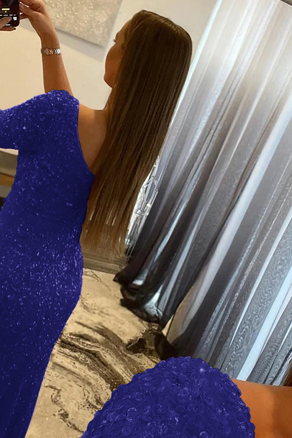 Mermaid Glitter One-Shoulder Single Sleeve Prom Dress With Sequins