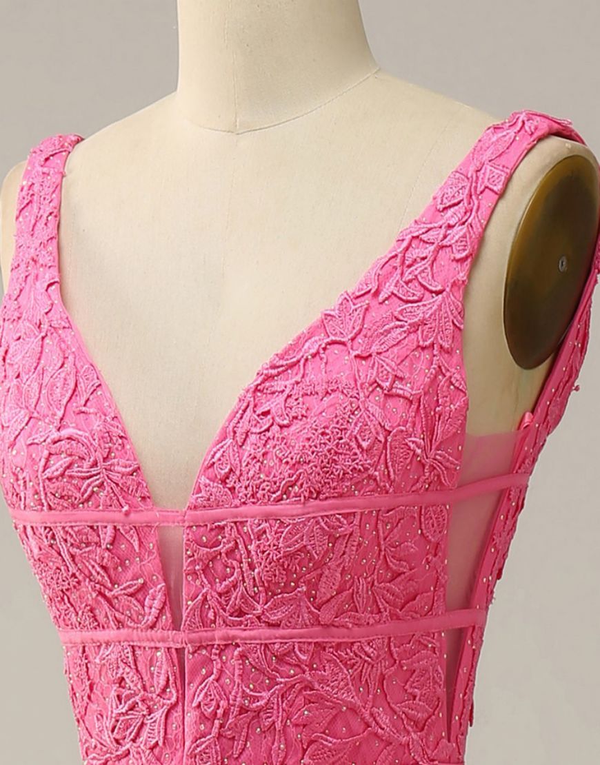 Sexy Mermaid V Neck Pink Prom Dress With Appliques