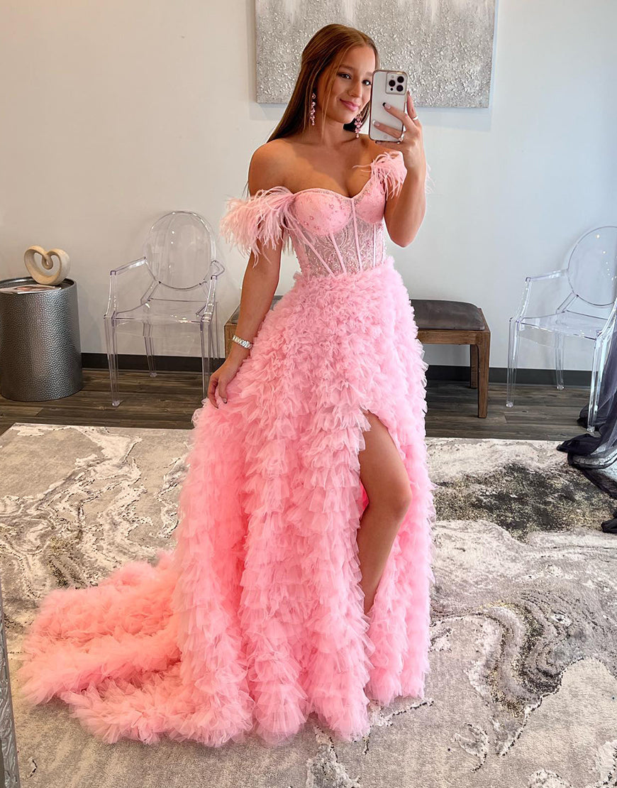 Sexy A-line Tiered Off-the-Shoulder Prom Dress Evening Dress