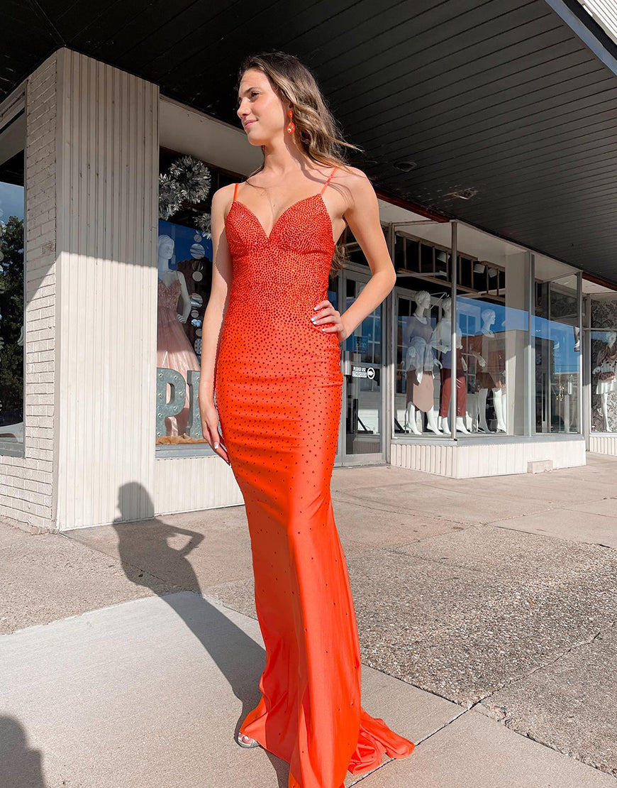 Orange V-neck Spaghetti Straps Bodycon Long Prom Dress With Beading