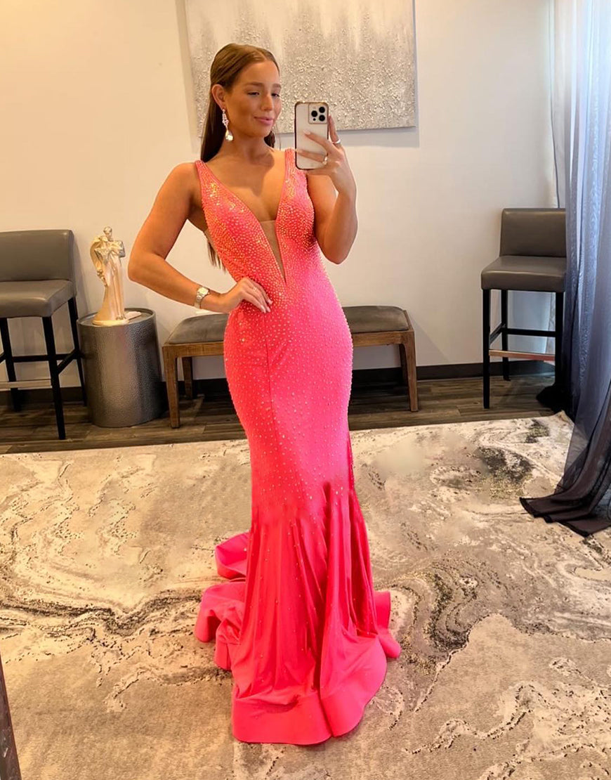 Mermaid Sexy V Neck Backless Long Prom Dress