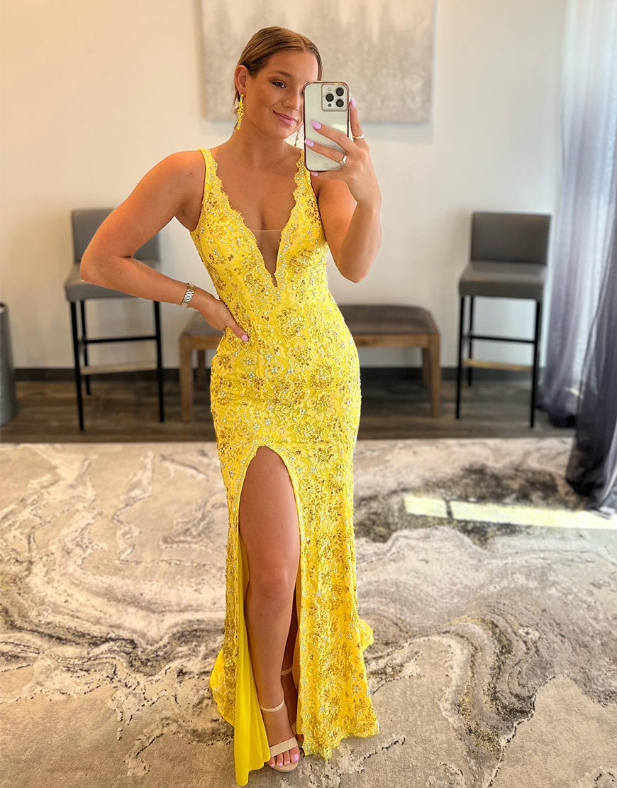 Mermaid Bodycon Beaded Applique-Pattern Prom Dress With Slit