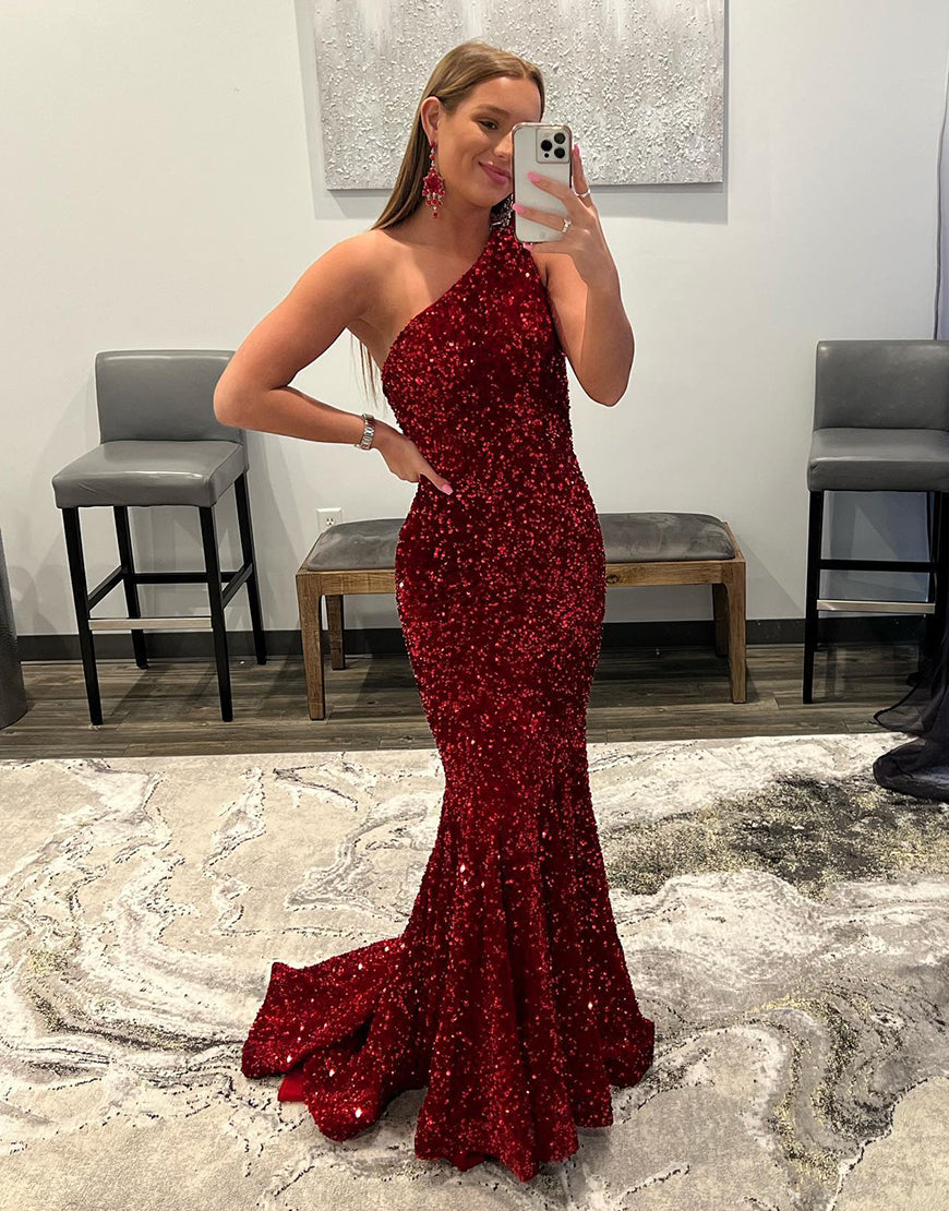 Mermaid Glitter Sexy One-Shoulder Long Prom Dress With Sequins
