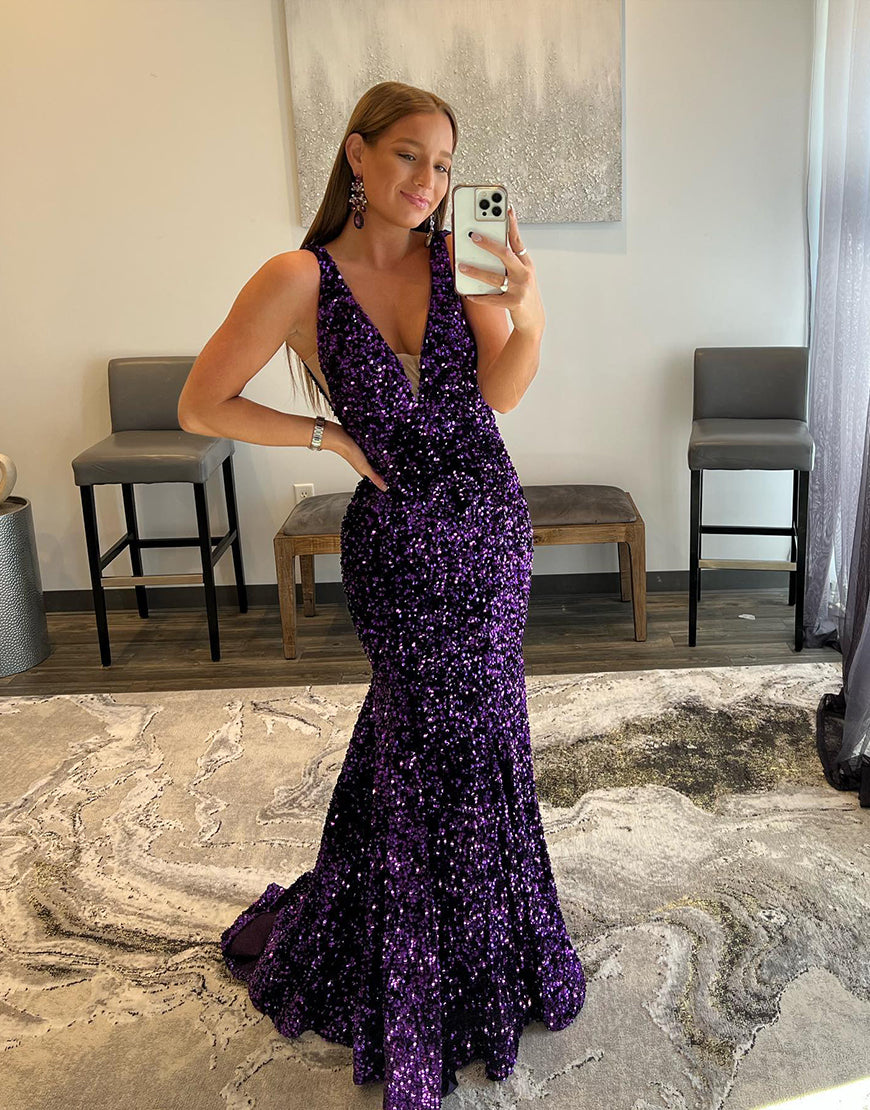 Sexy V Neck Tight Long Prom Dress With Sequins