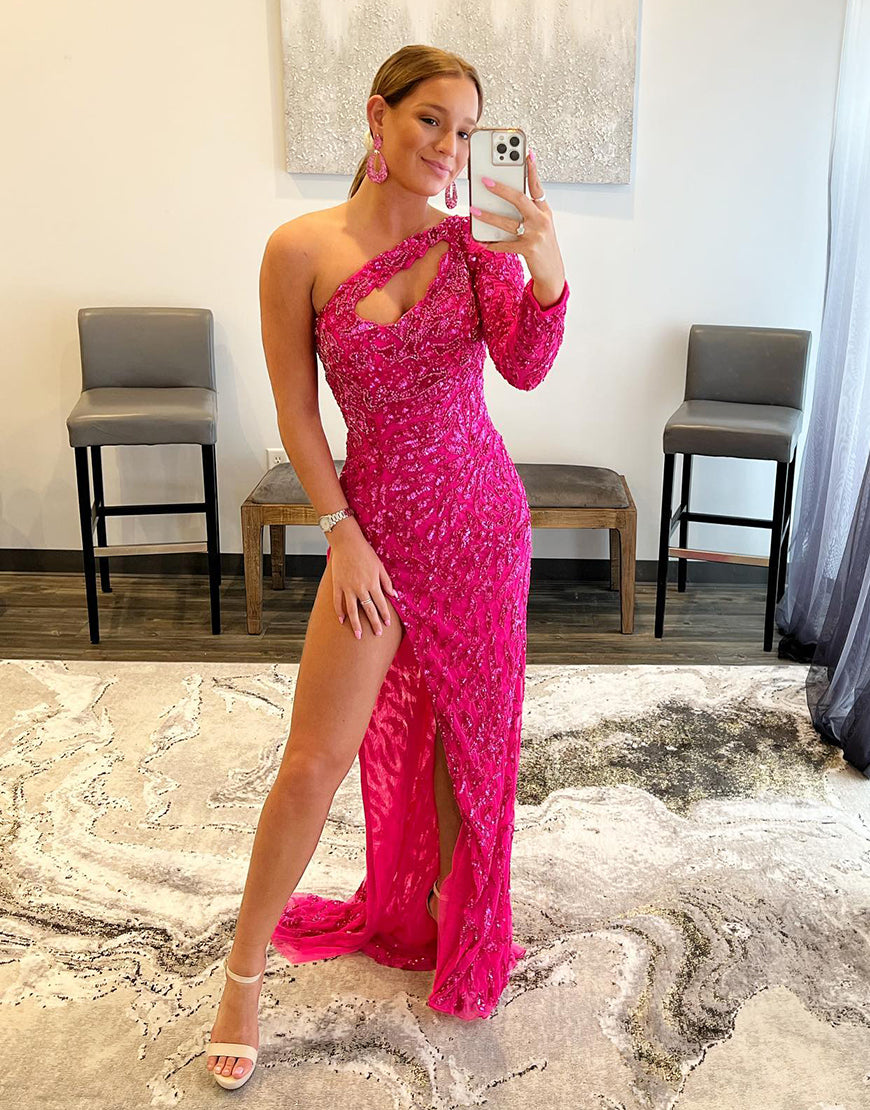 Sexy One-Shoulder Hot Pink Embroidered Lace Prom Dress