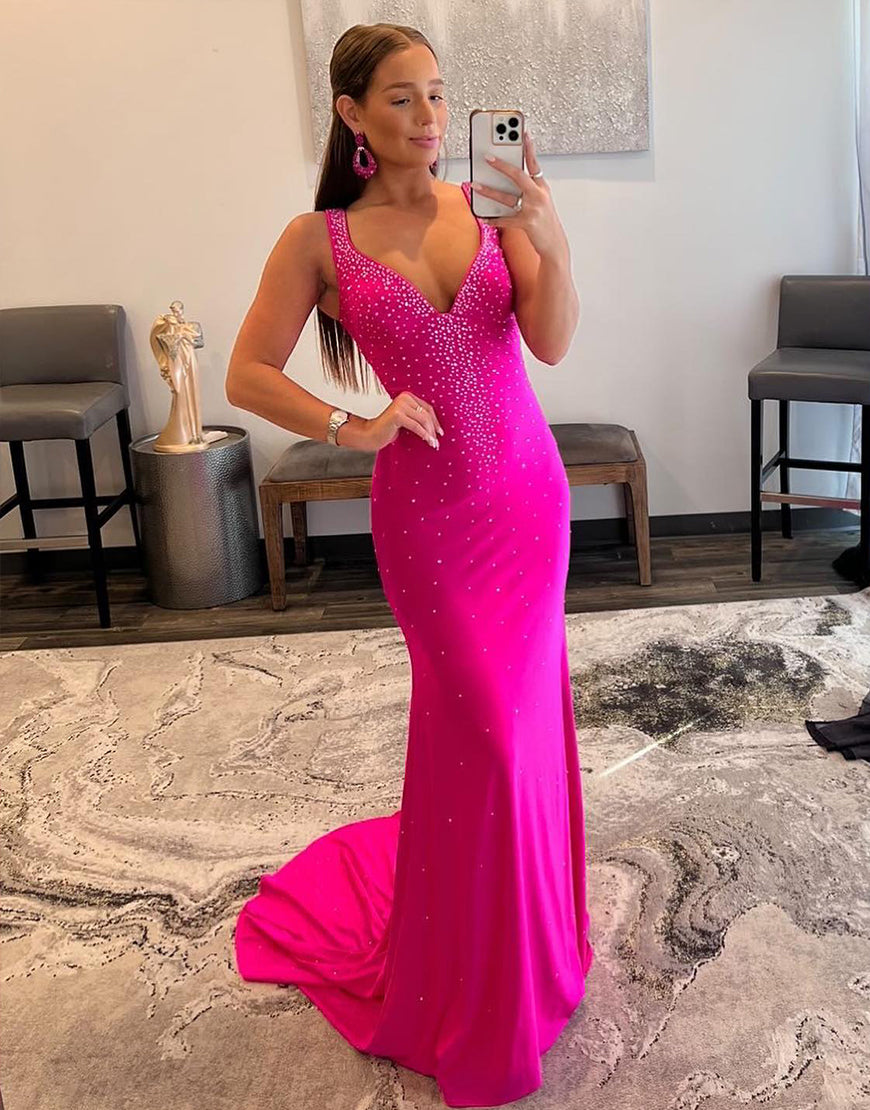Mermaid Hot Pink Beaded V Neck Long Prom Dress