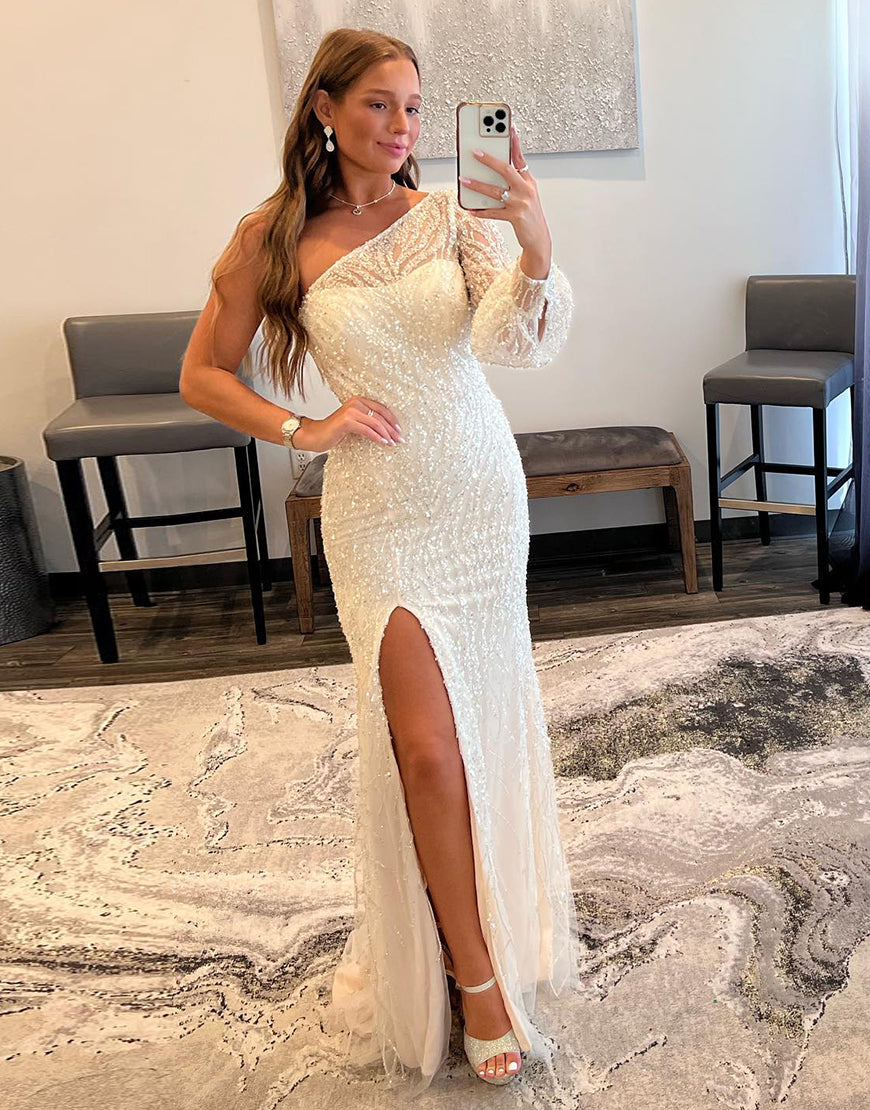 Sexy One-Shoulder Embroidery Prom Dress With Split