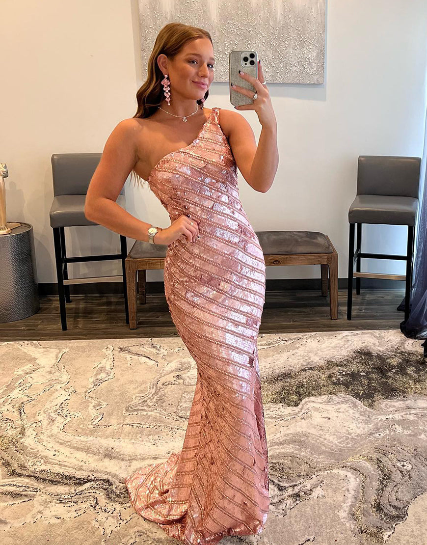 Mermaid One-Shoulder Sparkly Sequins Mesh Prom Dress