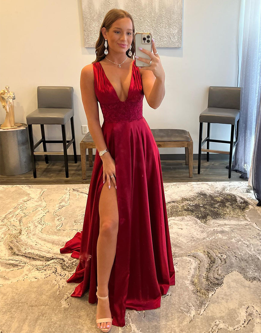 A-line Classic Deep V Neck Satin Long Prom Dress With Slit