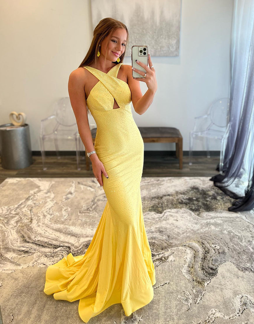 Mermaid Halter Yellow Backless Long Prom Dress