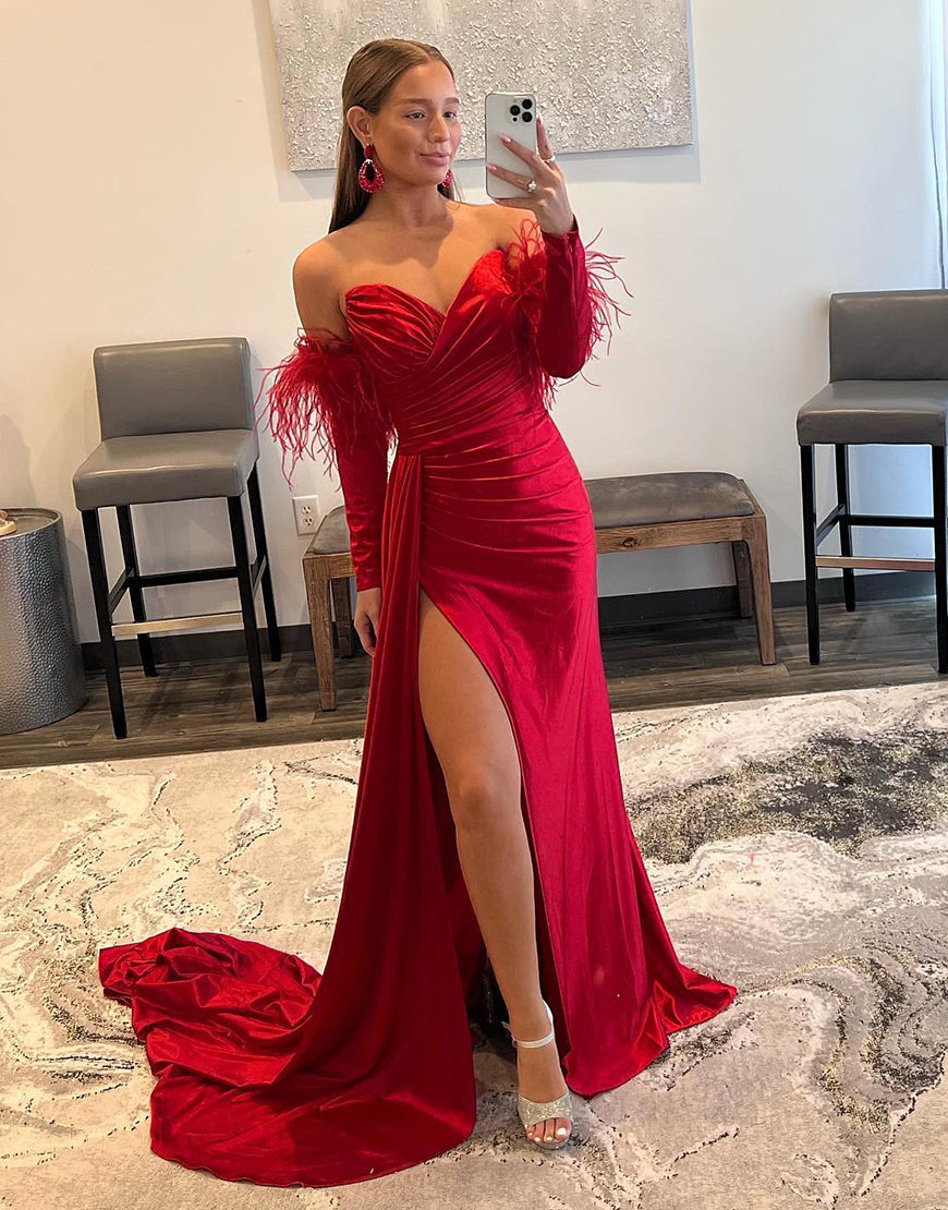 Sexy V Neck Red Satin Long Sleeve Prom Dress